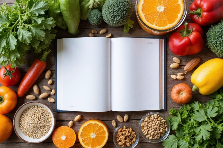 Una mesa llena de alimentos frescos y saludables como frutas, verduras, nueces y semillas, con un libro de cocina de nutrición abierto en el centro. La imagen irradia frescura y bienestar, con buena iluminación natural.