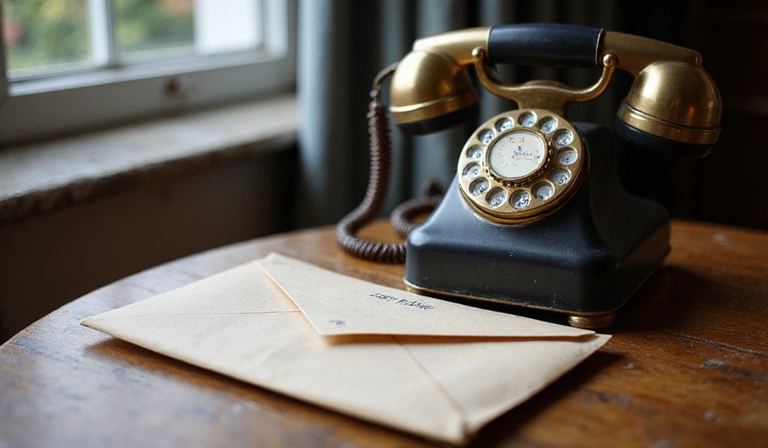Un teléfono antiguo y un sobre sobre una mesa, simbolizando la comunicación.