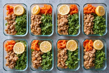 Comidas preparadas para la semana en recipientes de vidrio.