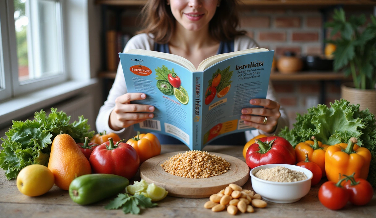 Una persona leyendo un libro sobre nutrición con una variedad de alimentos saludables en la mesa.