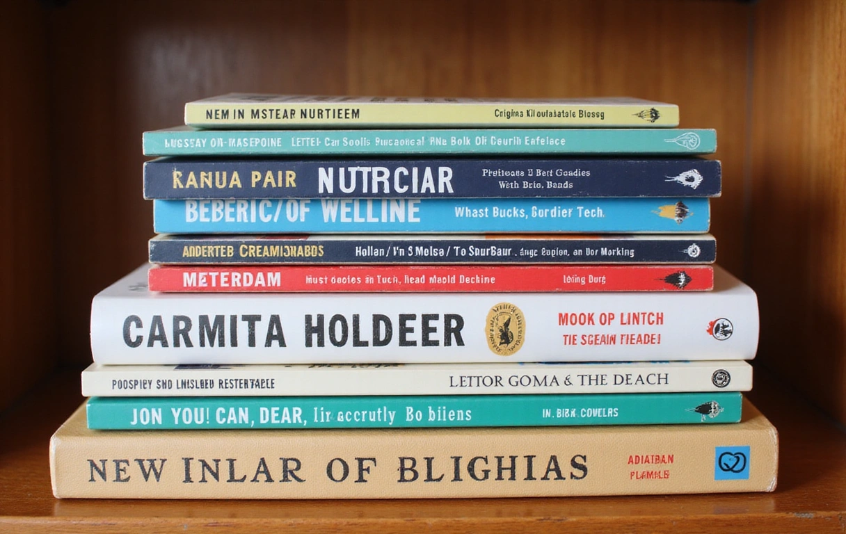 Una pila de libros sobre nutrición y bienestar en una estantería de madera.