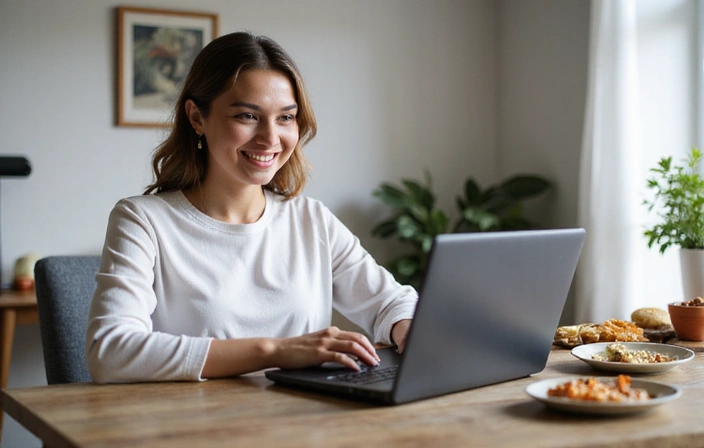 Mujer joven teniendo una videollamada de consulta nutricional en su laptop desde casa