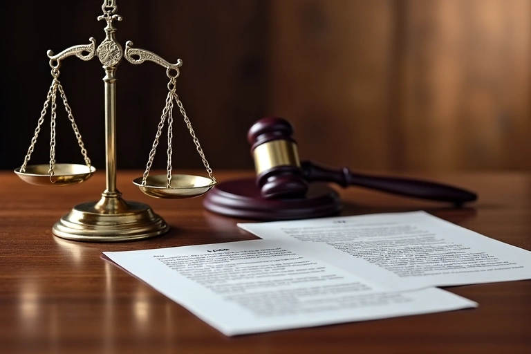 Balanza de la justicia y documentos legales, simbolizando leyes y jurisdicción