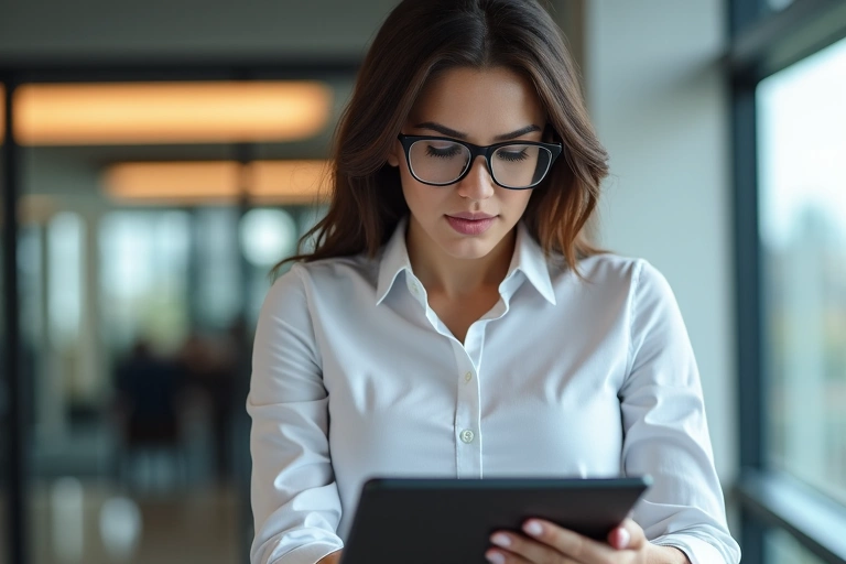 Mujer leyendo términos y condiciones en una tablet